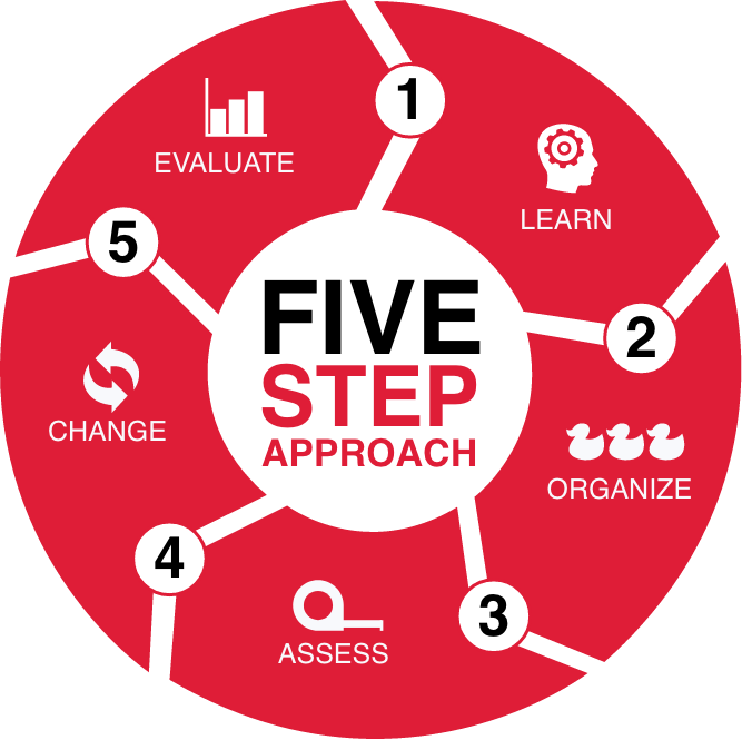 Five Step Approach Chart: Learn, Organize, Assess, Change, Evaluate